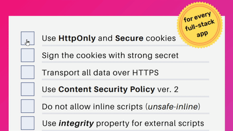 Clickable web application security checklist showing checks for secure cookies, HTTPS, Content Security Policy, and resource integrity.