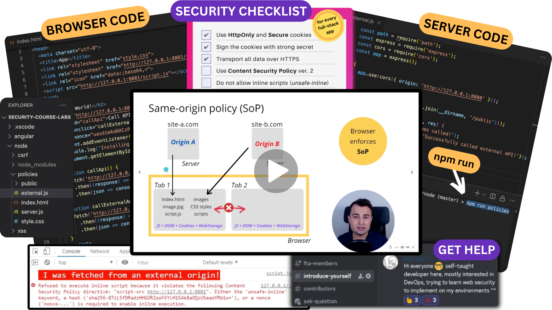 Browser Security Starter Kit lab preview showing Same-Origin Policy, browser code, server code, a security checklist, a CSP policy error, and get-help support.